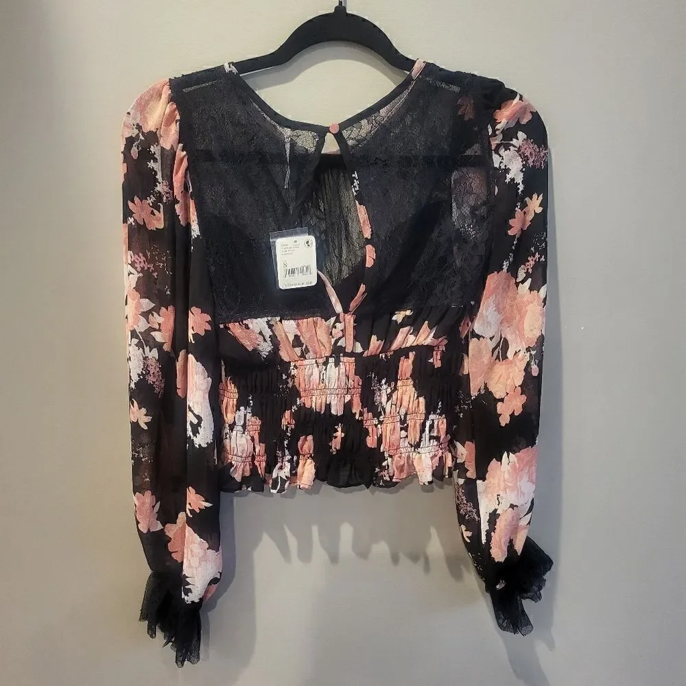 Free People Daphne Blouse Midnight Combo Small Black and Pink Floral